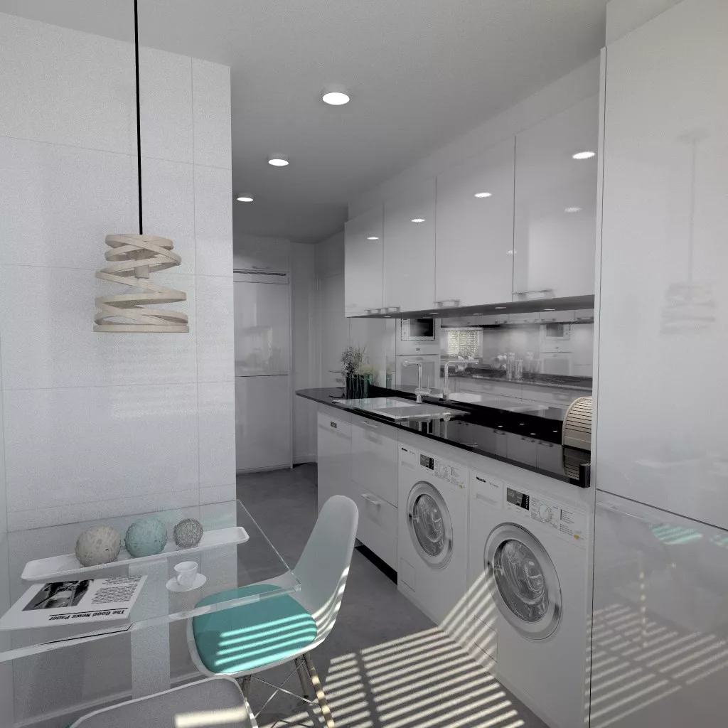 Aravaca | Cocina Santos | Modelo Plano Laminado Blanco Brillo | Encimera Granito Negro