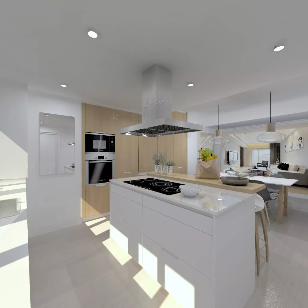 Aravaca | Cocina Santos | Modelo Minos Estratificado Olmo Claro y Blanco | Encimera Compac Blanco 