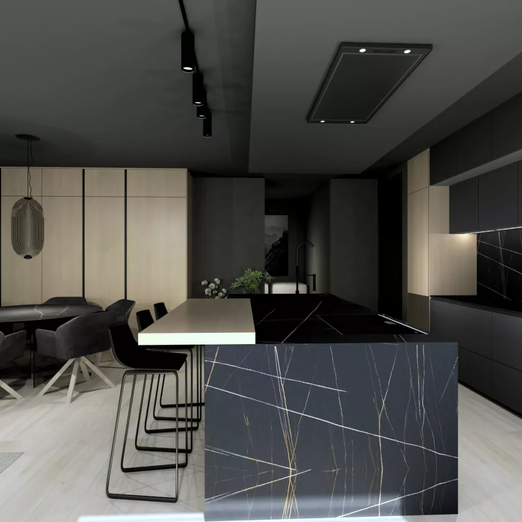 Cocina en negro con un toque tropical