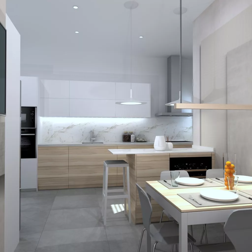 Cocina en paralelo en blanco y madera