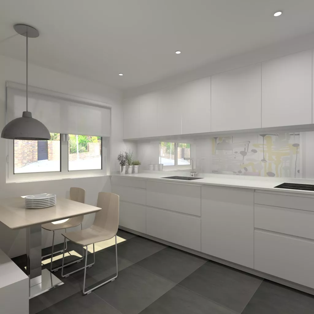 Aravaca | Cocina Santos | Modelo Line Estratificado Blanco | Encimera Compac Luna 