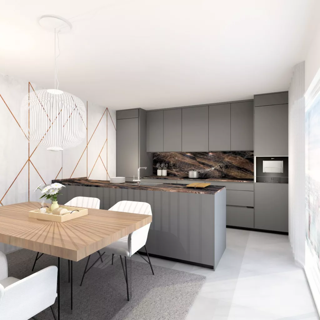 Cocina Santos Plataforma D en Gris Antracita Seda, antihuella con isla central y office integrado