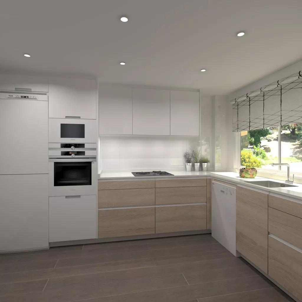 Aravaca | Cocina Santos | Modelo Line Estratificado Roble y Blanco | Encimera Compac Luna