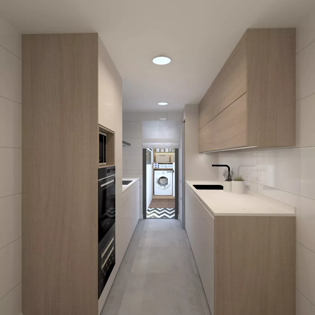 Cocina lineal abierta, pensada para aprovechar la luz y el espacio