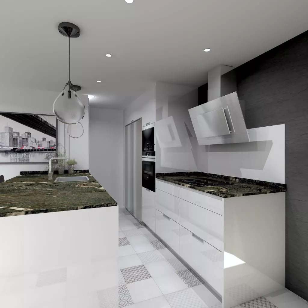 Aravaca | Cocina Santos | Modelo Minos Line Laminado Blanco Brillo | Encimera Granito Titanium