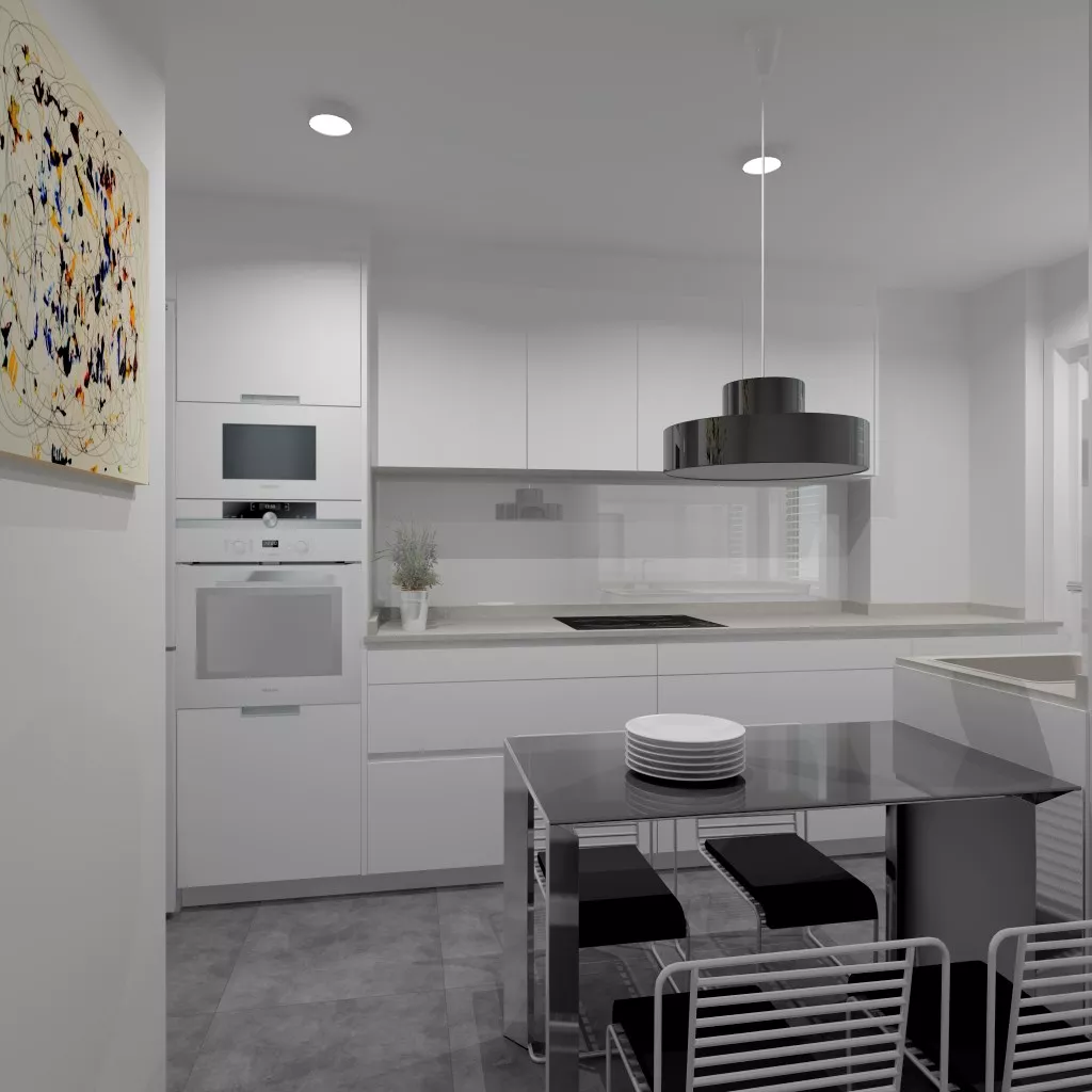 Aravaca | Cocina Santos | Modelo Line Estratificado Blanco Seff | Encimera Techlam Hydra Plomo