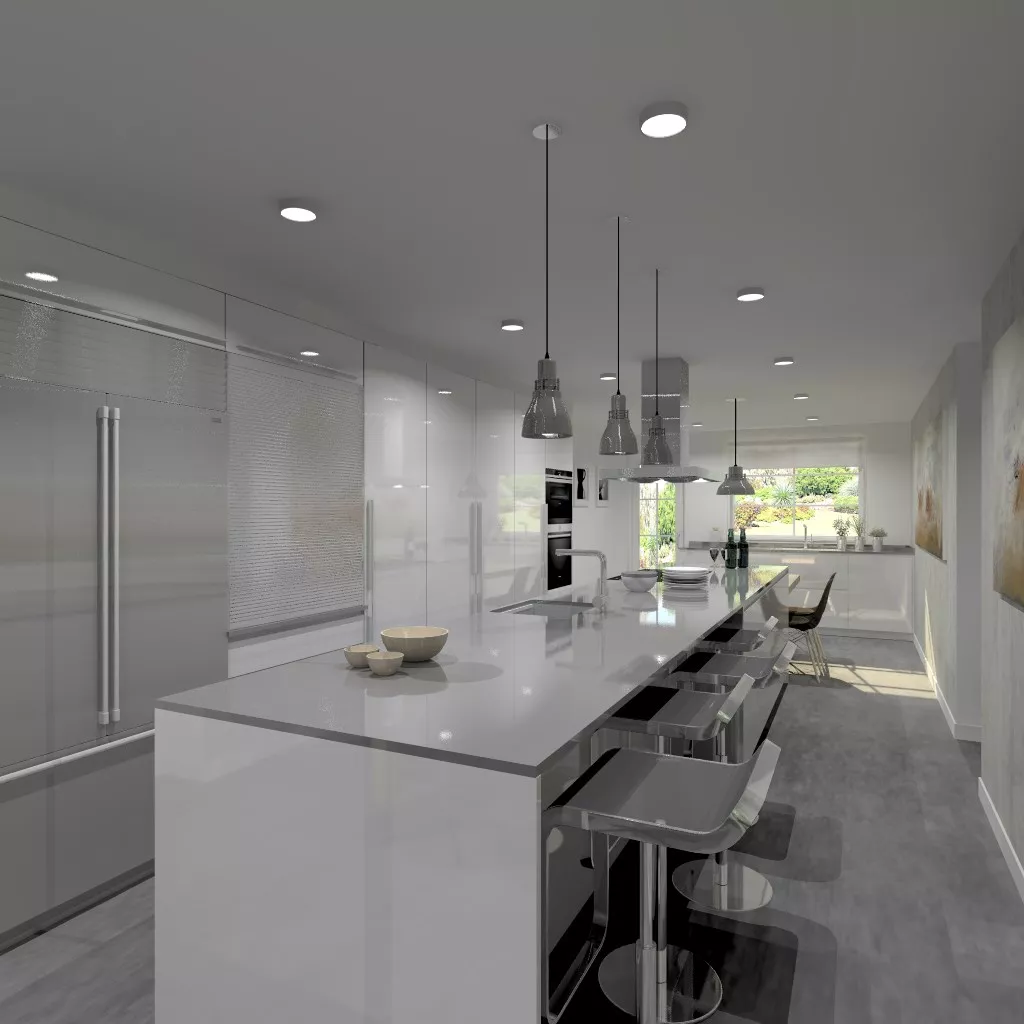 Aravaca | Cocina Santos | Modelo Line Lamanado Blanco Polar Brillo | Encimera Silestone Grey Amazon