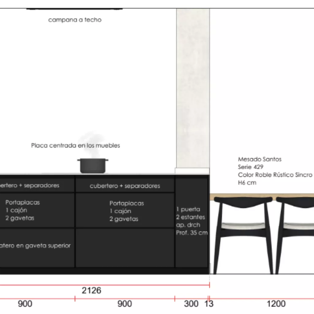 Plano Cocina Santos negra con isla abierta al salón