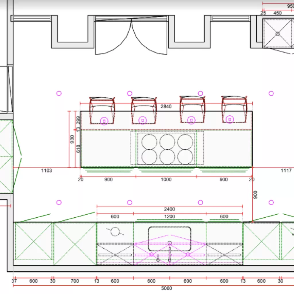 Plano Cocina Santos negra con isla