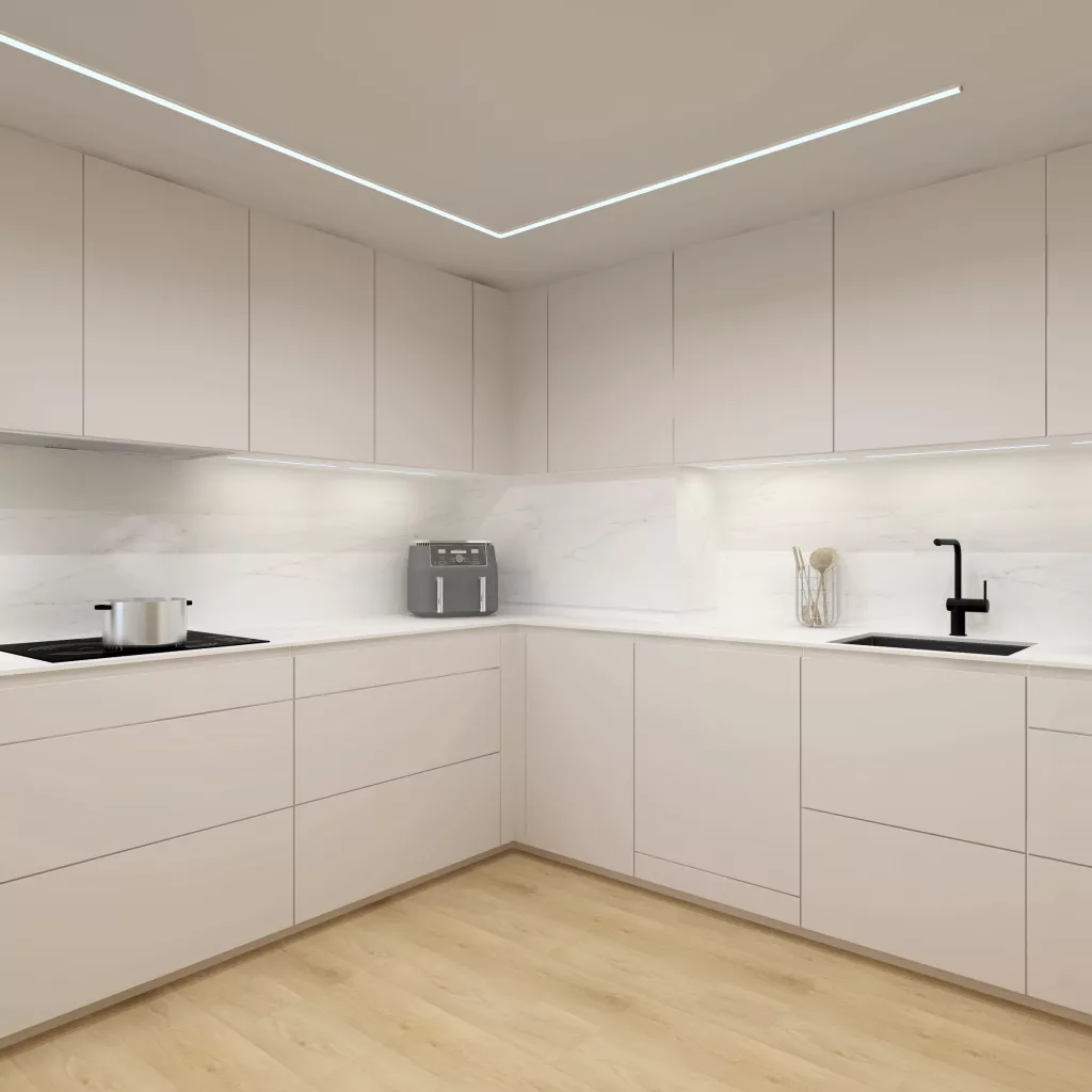 Una cocina contemporánea de líneas puras y atmósfera serena