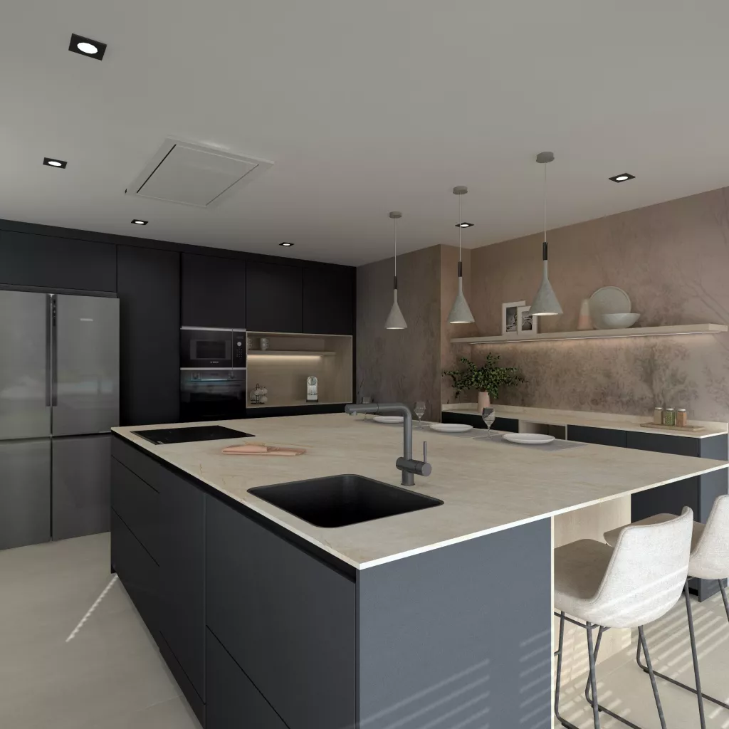 Cocina contemporánea con isla central y acabados oscuros