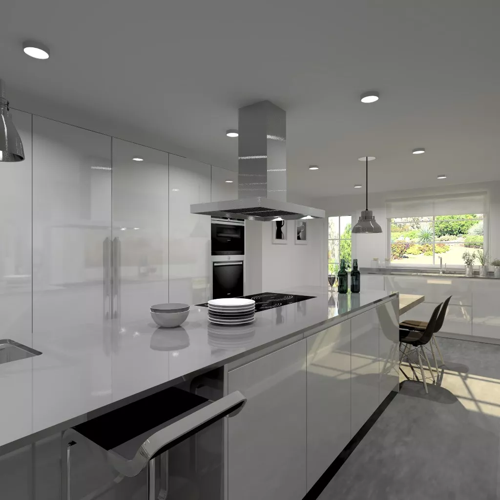 Aravaca | Cocina Santos | Modelo Line Lamanado Blanco Polar Brillo | Encimera Silestone Grey Amazon