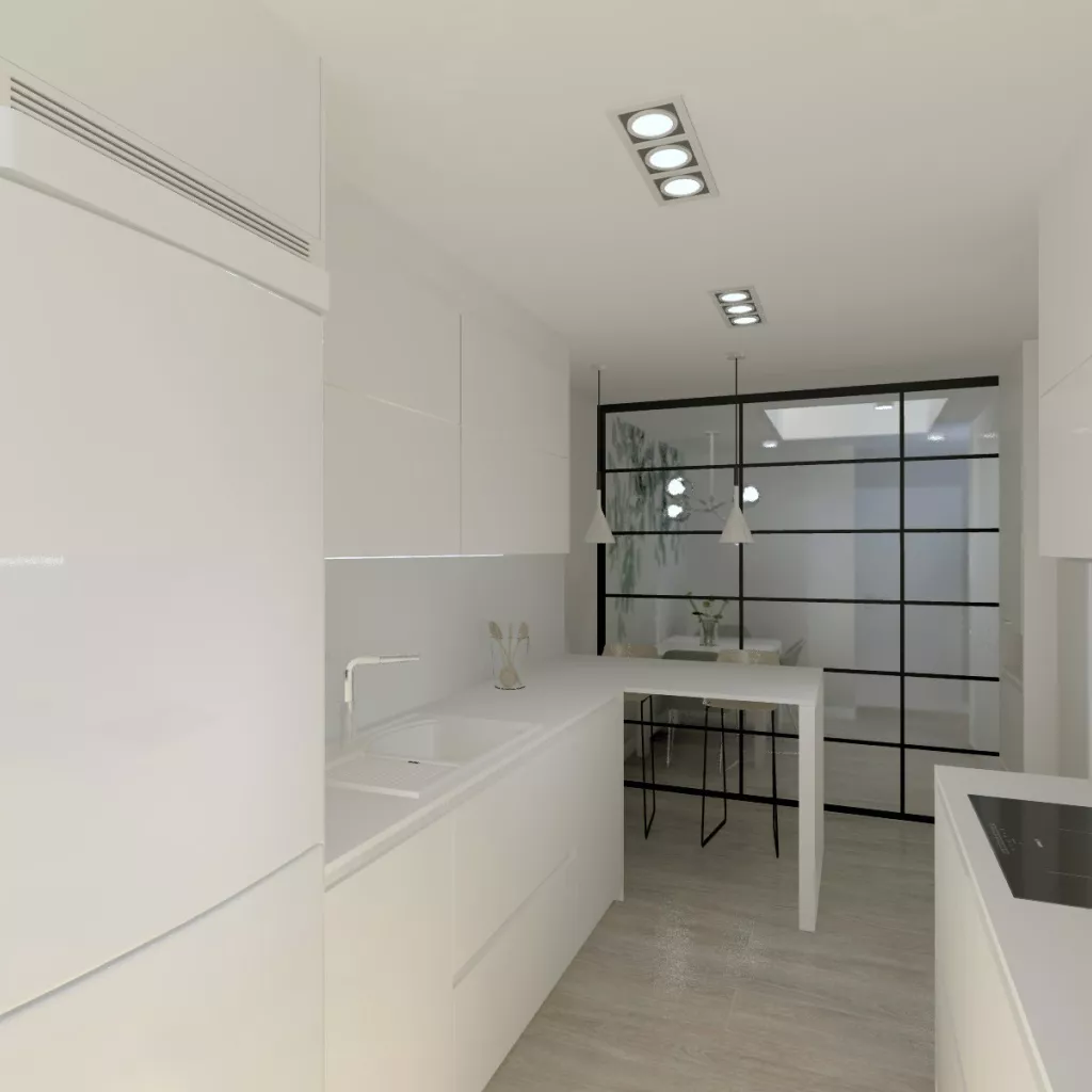 Cocina Santos Blanca en paralelo con barra