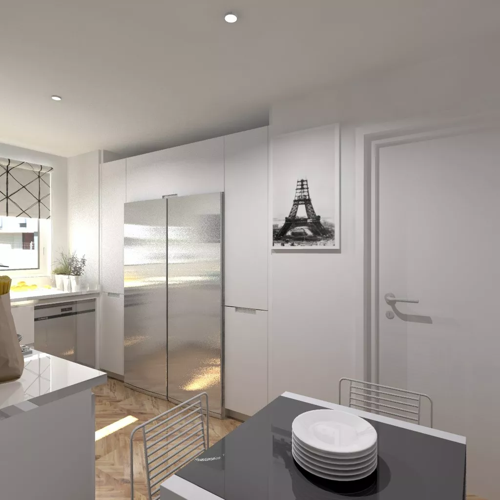 Aravaca | Cocina Santos | Modelo Line Laminado Seda Blanco | Encimera Compac Blanco