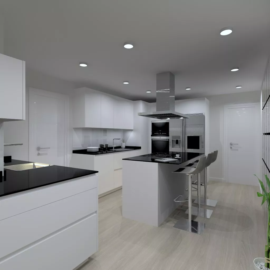 Cocina Santos | Modelo Line Laminado Seda Blanco | Encimera Granito Negro