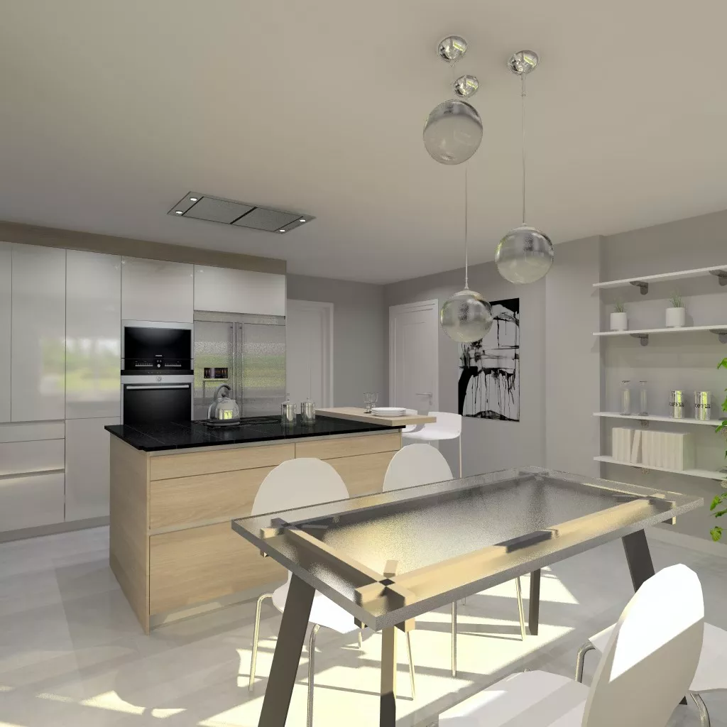 Cocina Santos | Modelo Line E13 Estratificado Brillo Laminado | Puertas Blanco Nata Brillo y Olmo Claro Horizontal para Muebles Bajos | Encimera Granito Sahara Night