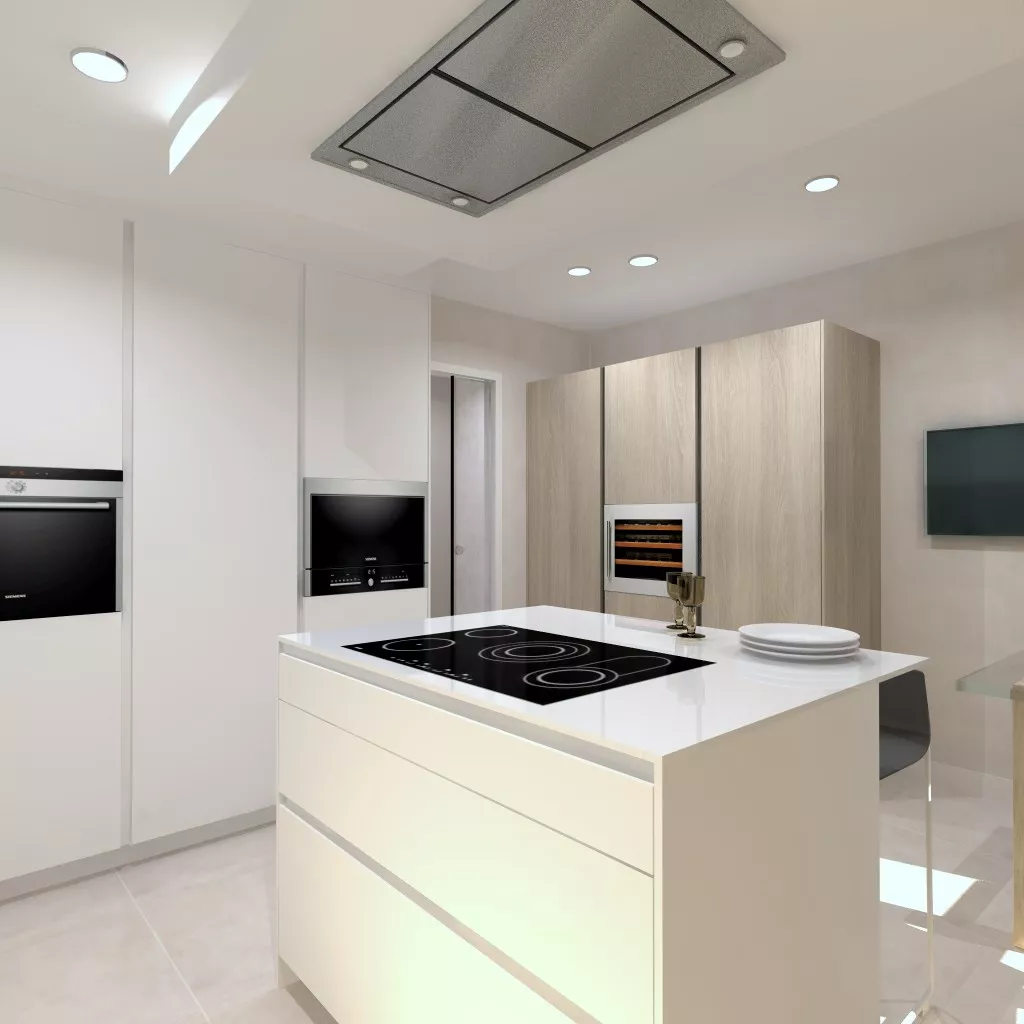 Cocina Santos | Modelo Line E 13 Estratificado y Laminado Blanco Innsbruck Olmo Claro y Gris | Encimera Neolith Color Artci White