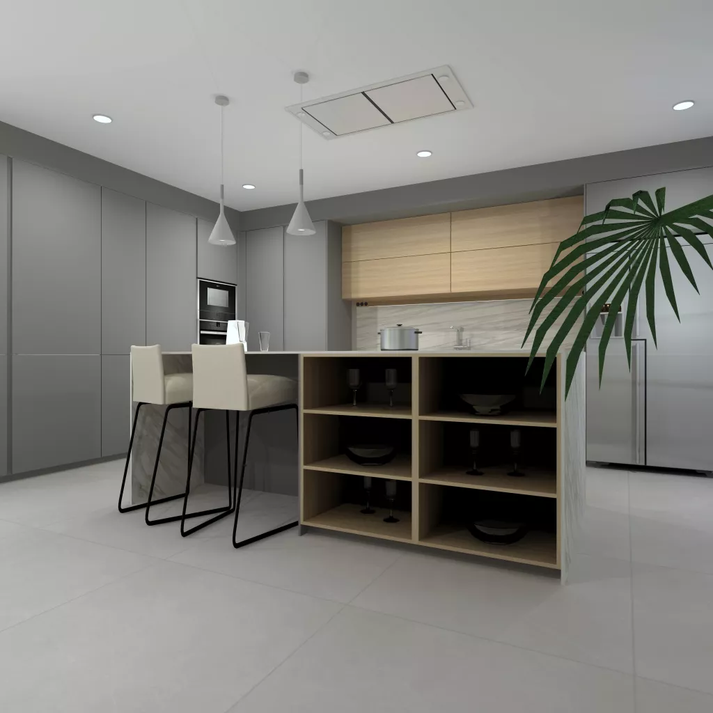 Isla con muebles bajos en color olmo claro