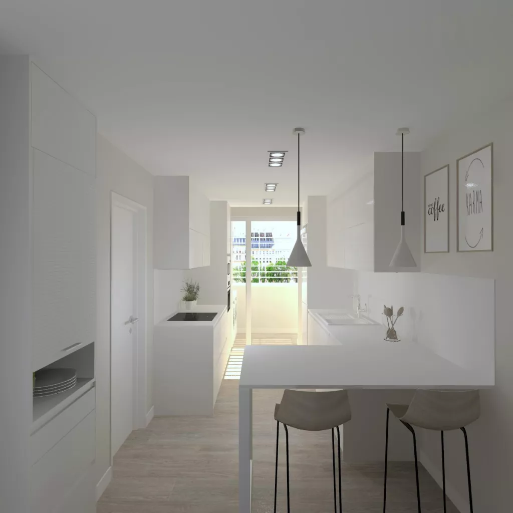 Cocina Santos Blanca en paralelo con barra