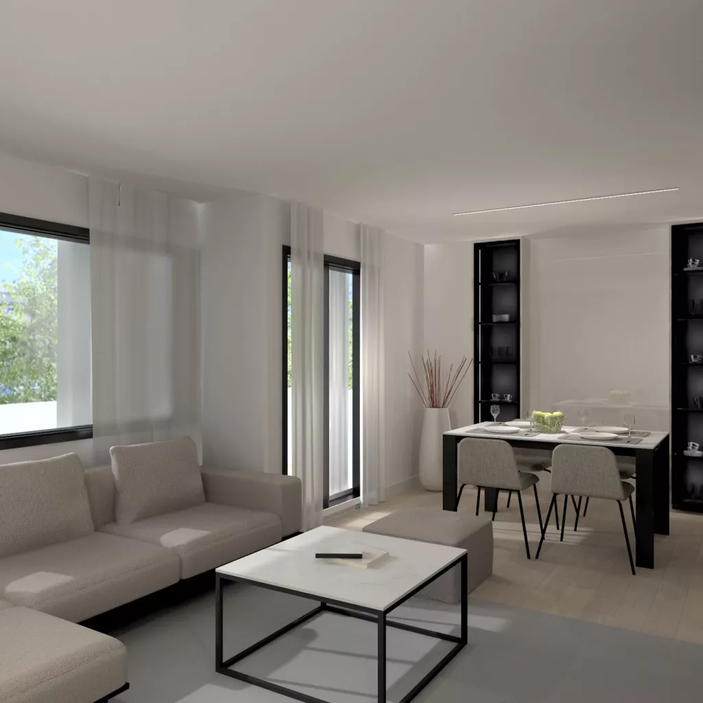 Decoración Salón Moderno en tonos Beiges, Grises y Madera