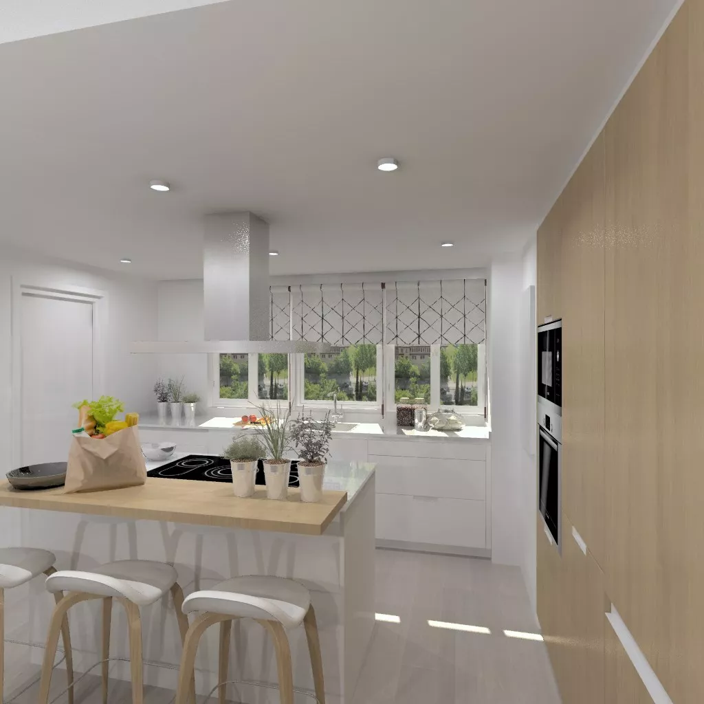 Aravaca | Cocina Santos | Modelo Minos Estratificado Olmo Claro y Blanco | Encimera Compac Blanco 