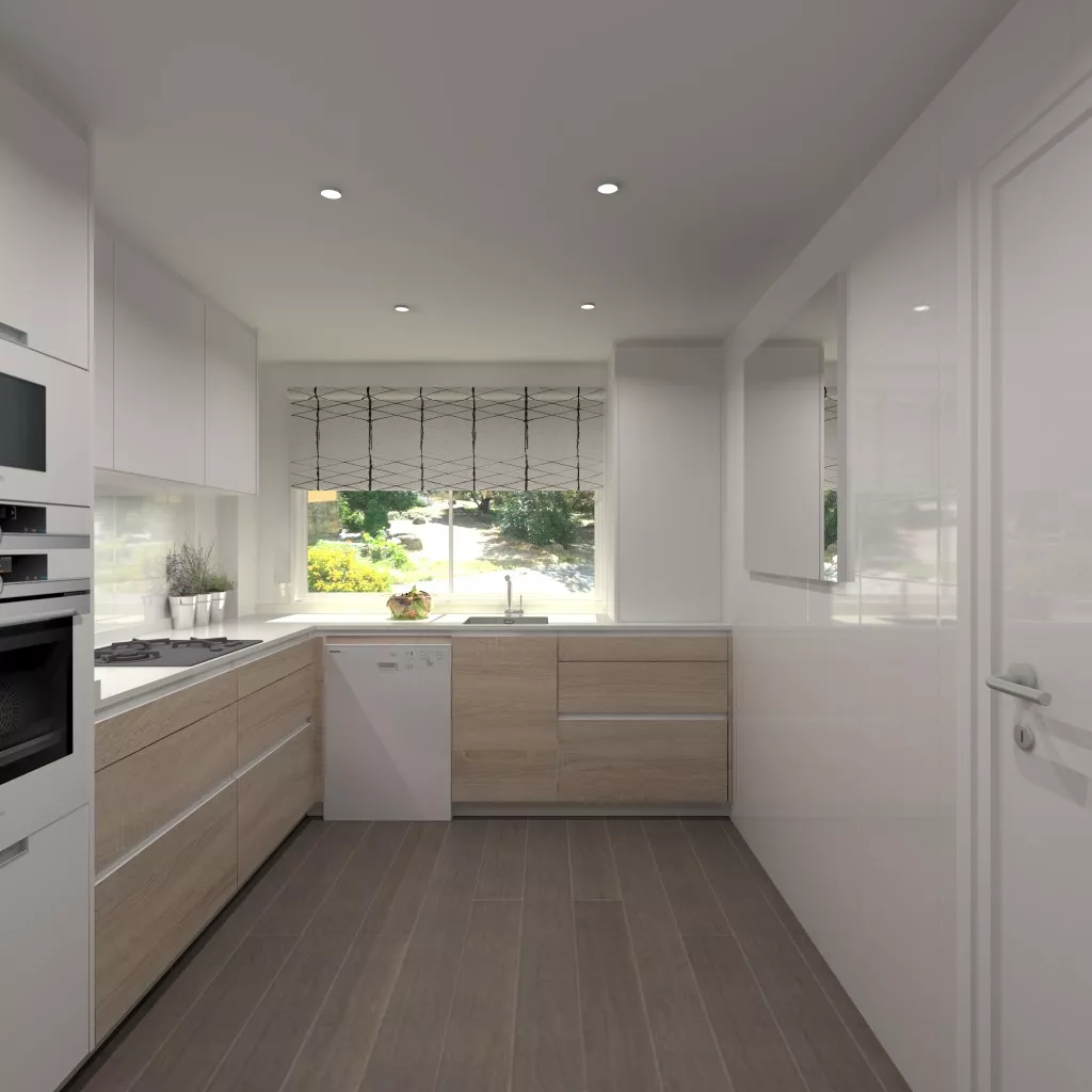 Aravaca | Cocina Santos | Modelo Line Estratificado Roble y Blanco | Encimera Compac Luna