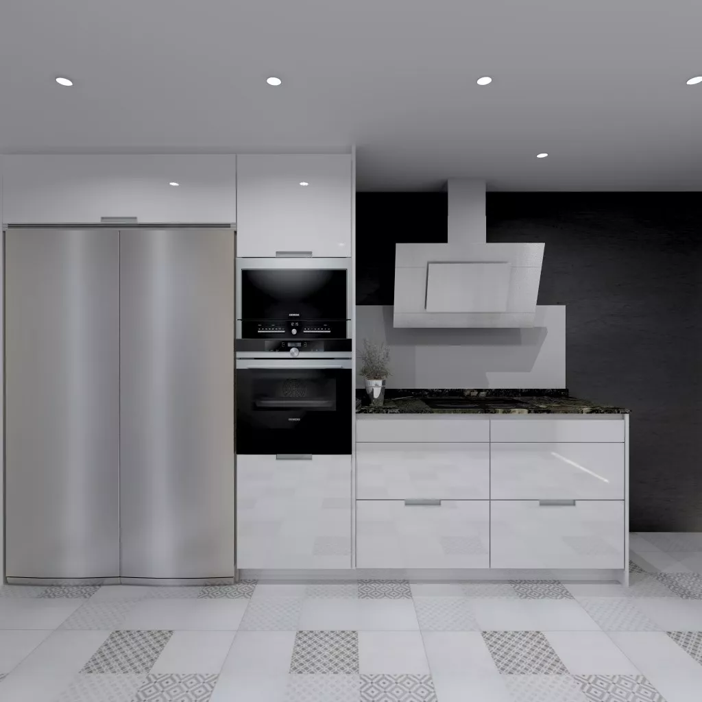 Aravaca | Cocina Santos | Modelo Minos Line Laminado Blanco Brillo | Encimera Granito Titanium