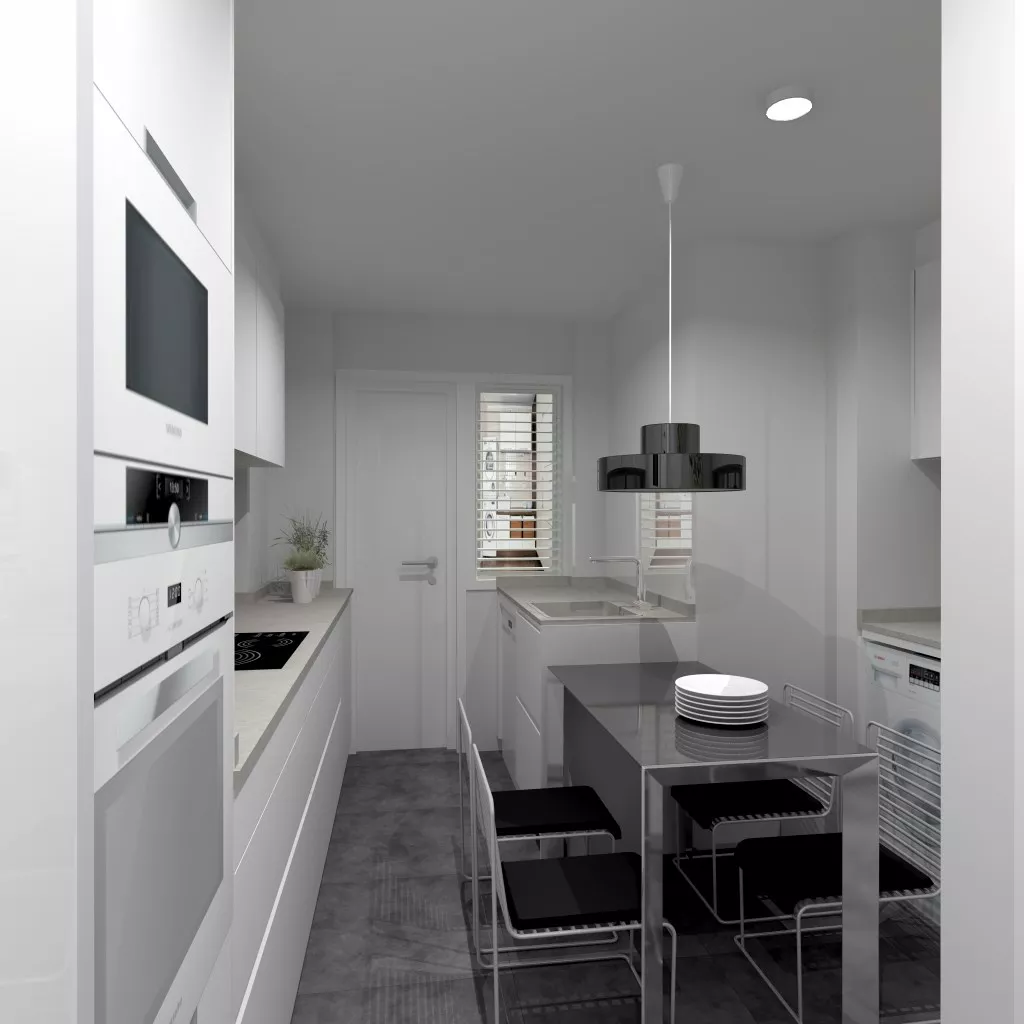 Aravaca | Cocina Santos | Modelo Line Estratificado Blanco Seff | Encimera Techlam Hydra Plomo