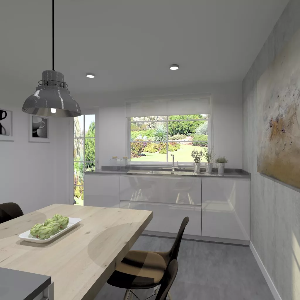 Aravaca | Cocina Santos | Modelo Line Lamanado Blanco Polar Brillo | Encimera Silestone Grey Amazon