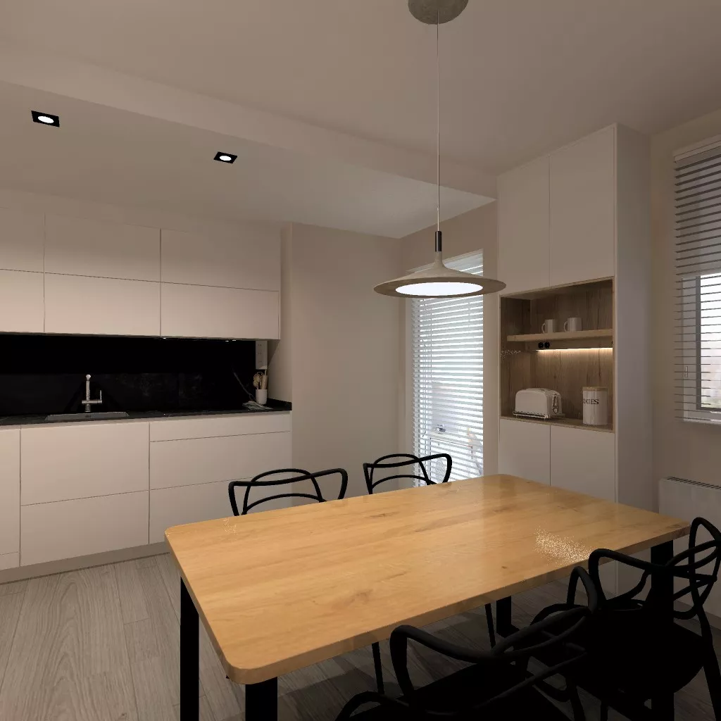 Cocina moderna con tonos suaves y madera natural: calidez y funcionalidad en equilibrio