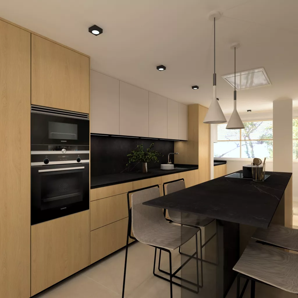 Cocina de líneas puras con isla central y acabados en madera