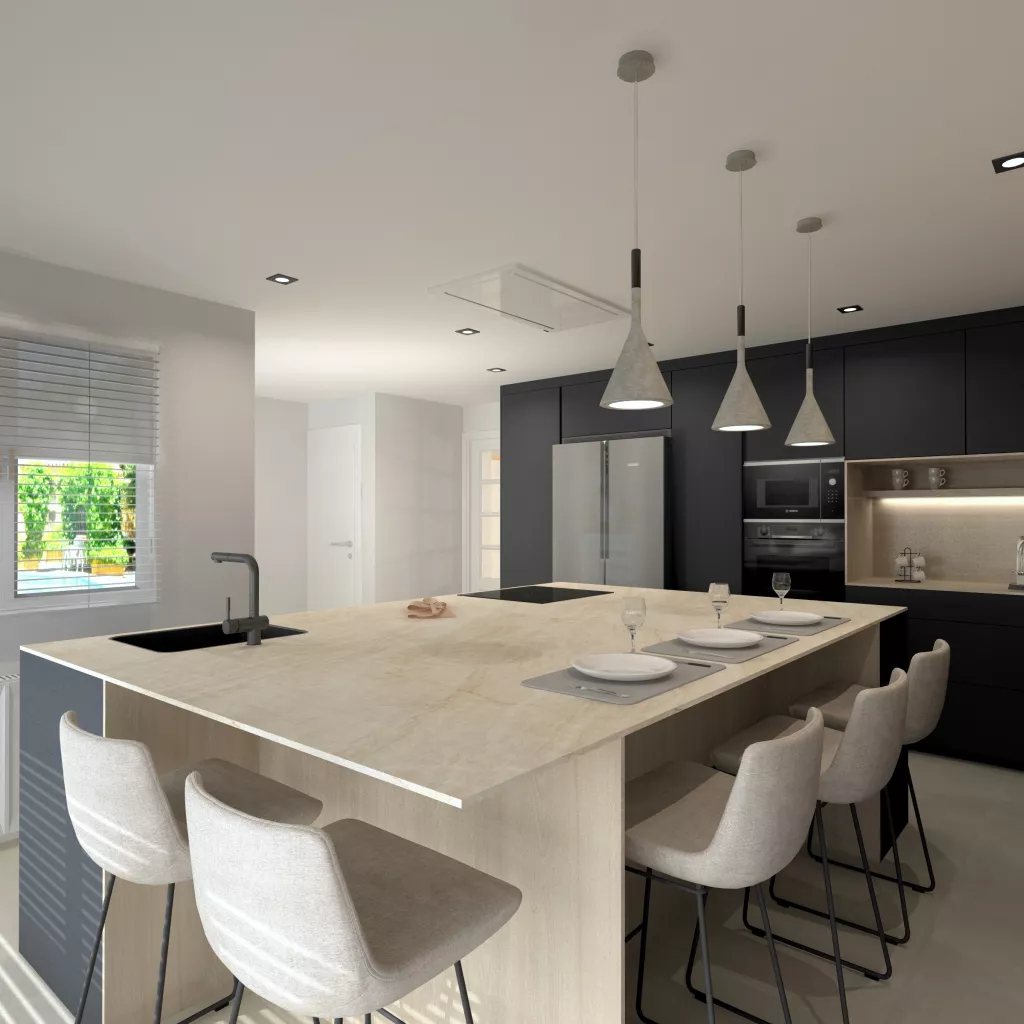 Cocina contemporánea con isla central y acabados oscuros