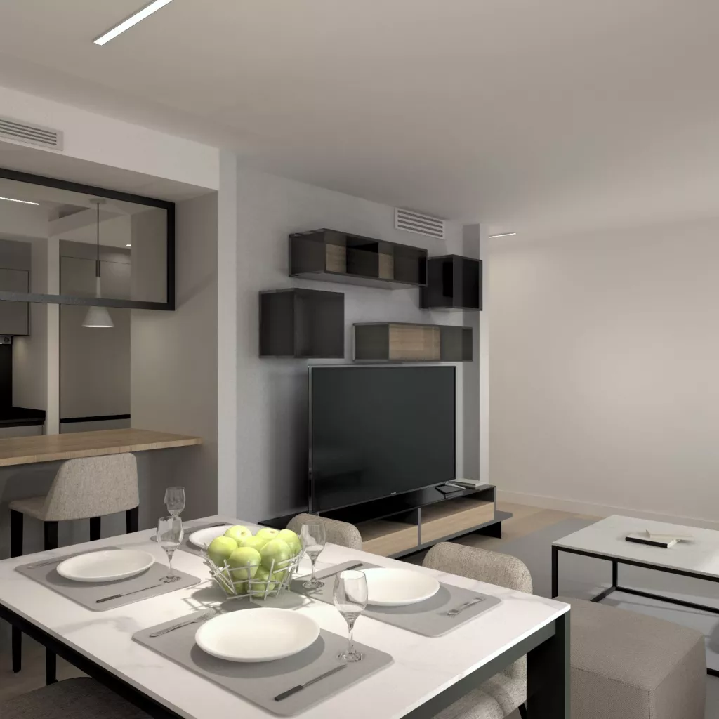 Decoración Salón Moderno en tonos Beiges, Grises y Madera