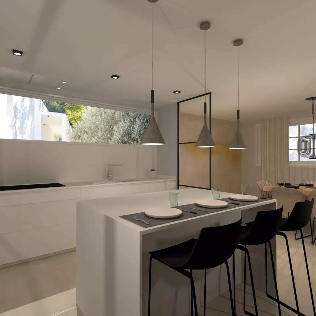 Cocina Santos Blanca y Roble con Isla y Encimera Corian