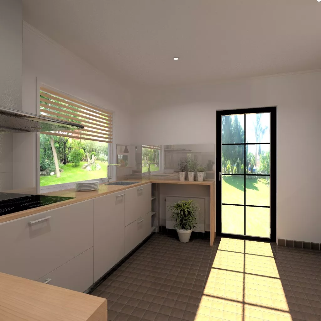 Proyecto de Cocinas Santos en Aravaca con Encimera Haya Natural y Modelo Seda Laminado Gris Arena