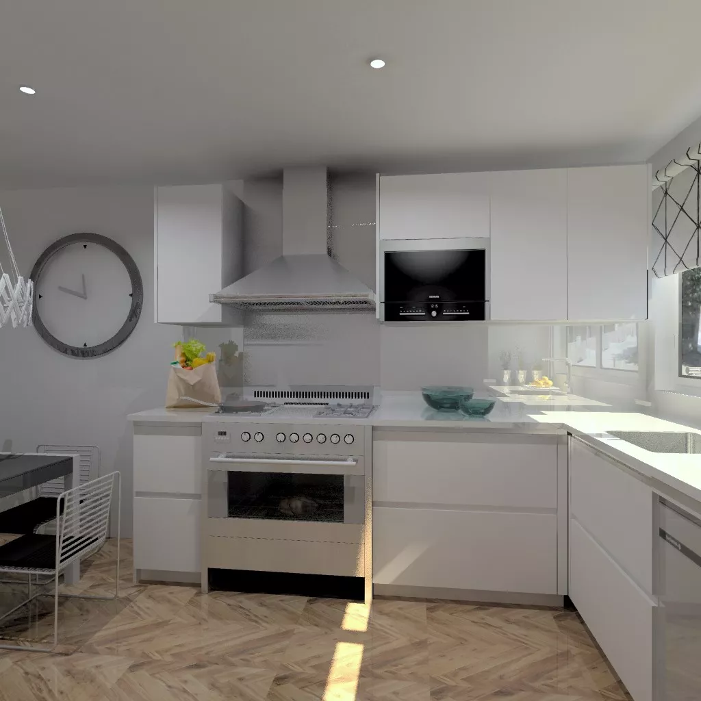 Aravaca | Cocina Santos | Modelo Line Laminado Seda Blanco | Encimera Compac Blanco