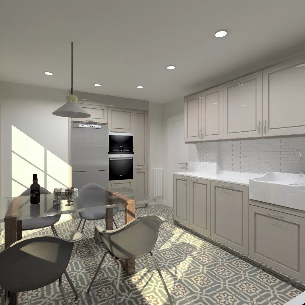 Cocina Santos | Modelo Época Material Lacado Color Gris Arena y Gris C | Encimera Silestone Blanco Zeus