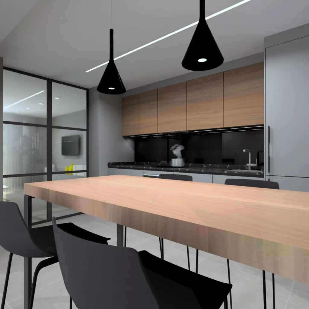 barra en madera con iluminación de Foscarino y taburetes de La Palma