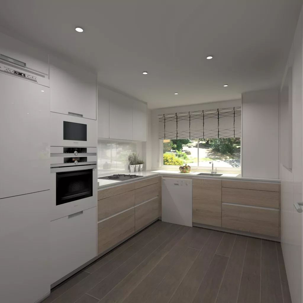 Aravaca | Cocina Santos | Modelo Line Estratificado Roble y Blanco | Encimera Compac Luna
