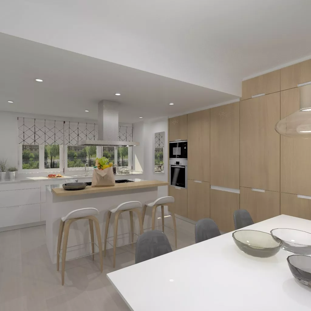 Aravaca | Cocina Santos | Modelo Minos Estratificado Olmo Claro y Blanco | Encimera Compac Blanco 