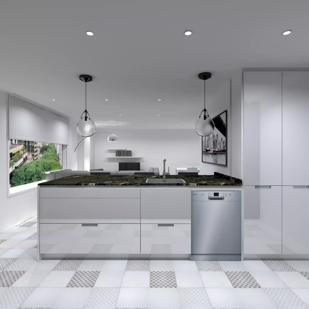 Aravaca | Cocina Santos | Modelo Minos Line Laminado Blanco Brillo | Encimera Granito Titanium