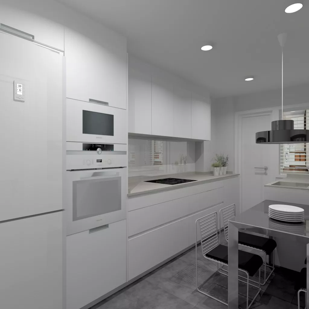 Aravaca | Cocina Santos | Modelo Line Estratificado Blanco Seff | Encimera Techlam Hydra Plomo