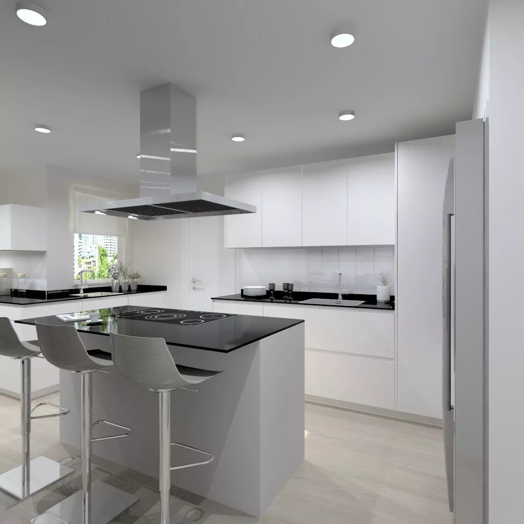 Cocina Santos | Modelo Line Laminado Seda Blanco | Encimera Granito Negro