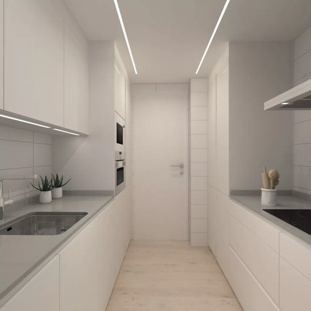 Cocina blanca lineal y minimalista