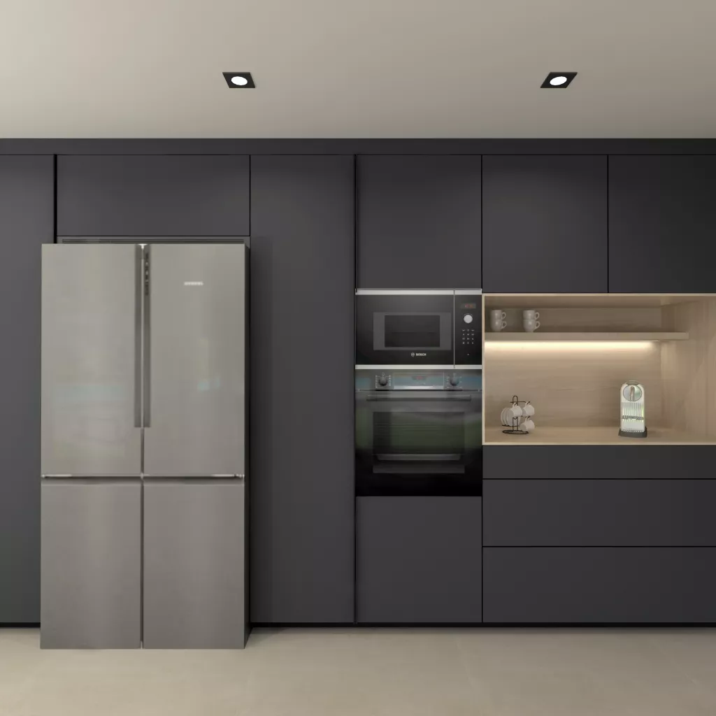 Cocina contemporánea con isla central y acabados oscuros