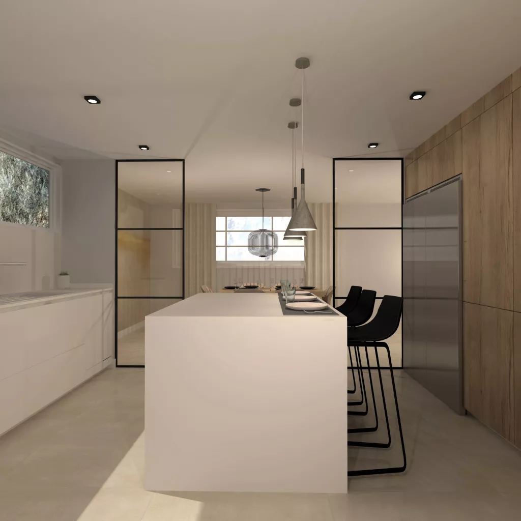 Cocina Santos Blanca y Roble con Isla y Encimera Corian