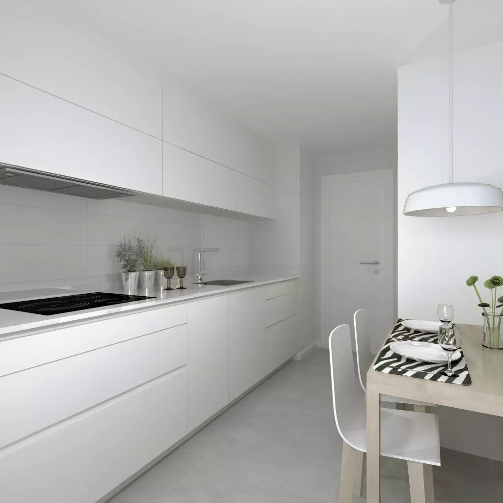 Cocina Santos Line E en paralelo, acabado Blanco Innsbruck – diseño limpio y luminoso