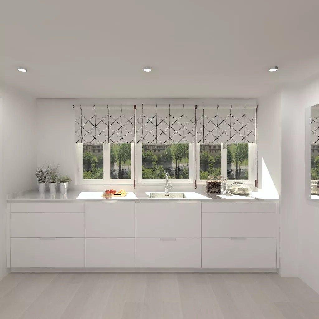 Aravaca | Cocina Santos | Modelo Minos Estratificado Olmo Claro y Blanco | Encimera Compac Blanco 