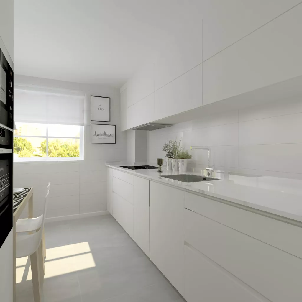 Cocina Santos Line E en paralelo, acabado Blanco Innsbruck – diseño limpio y luminoso