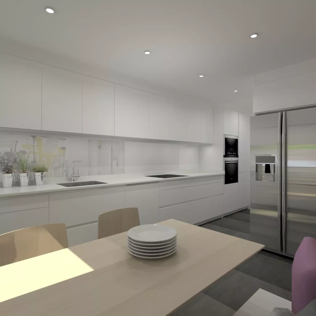 Aravaca | Cocina Santos | Modelo Line Estratificado Blanco | Encimera Compac Luna 